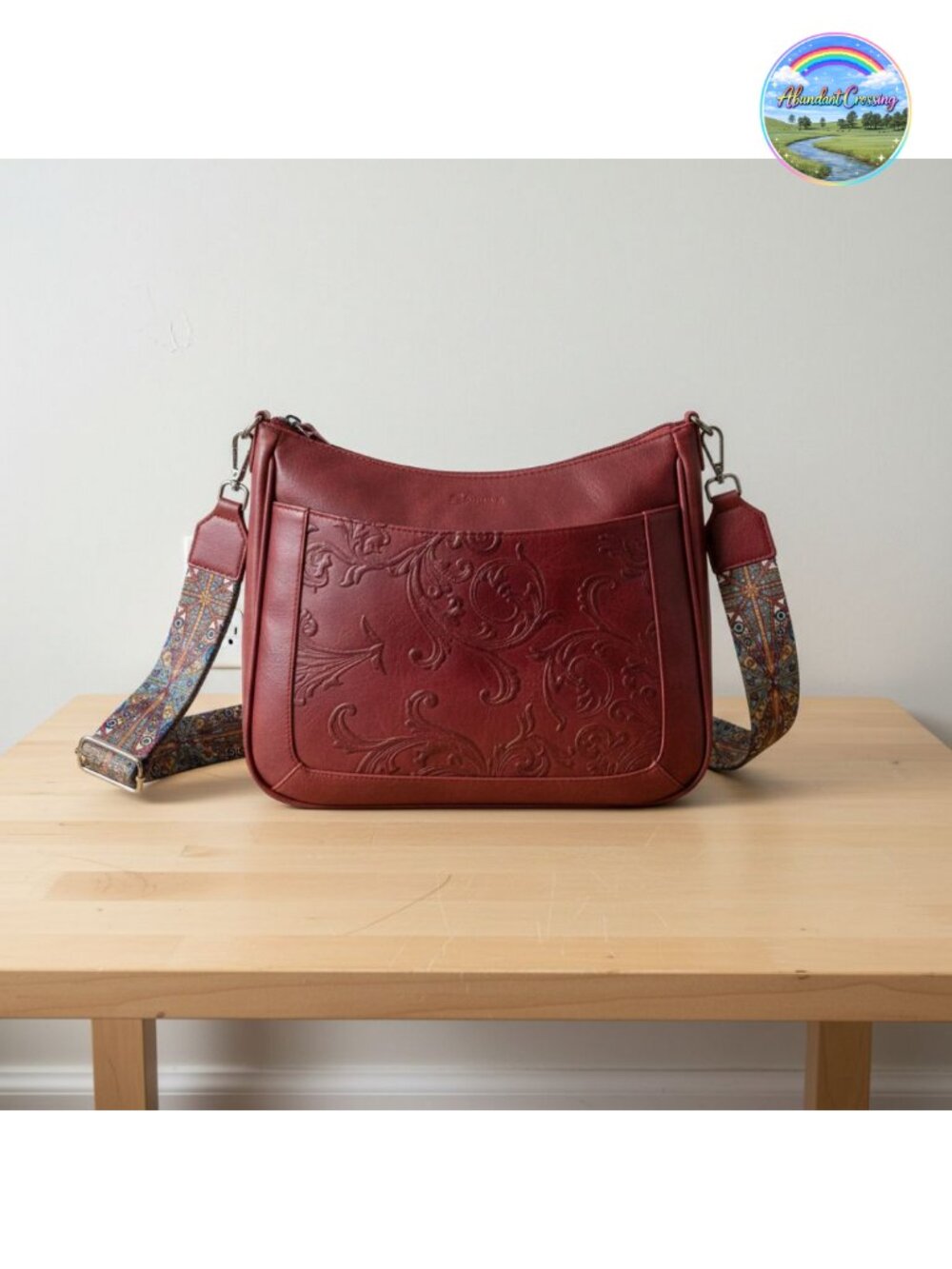 Vegan Leather Crossbody Bag Embossed Floral Wide Strap Purse